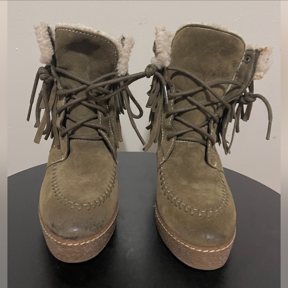 Sam Edelman Womens' Moss Green Kemper Fringe Round Toe Wedge Boots